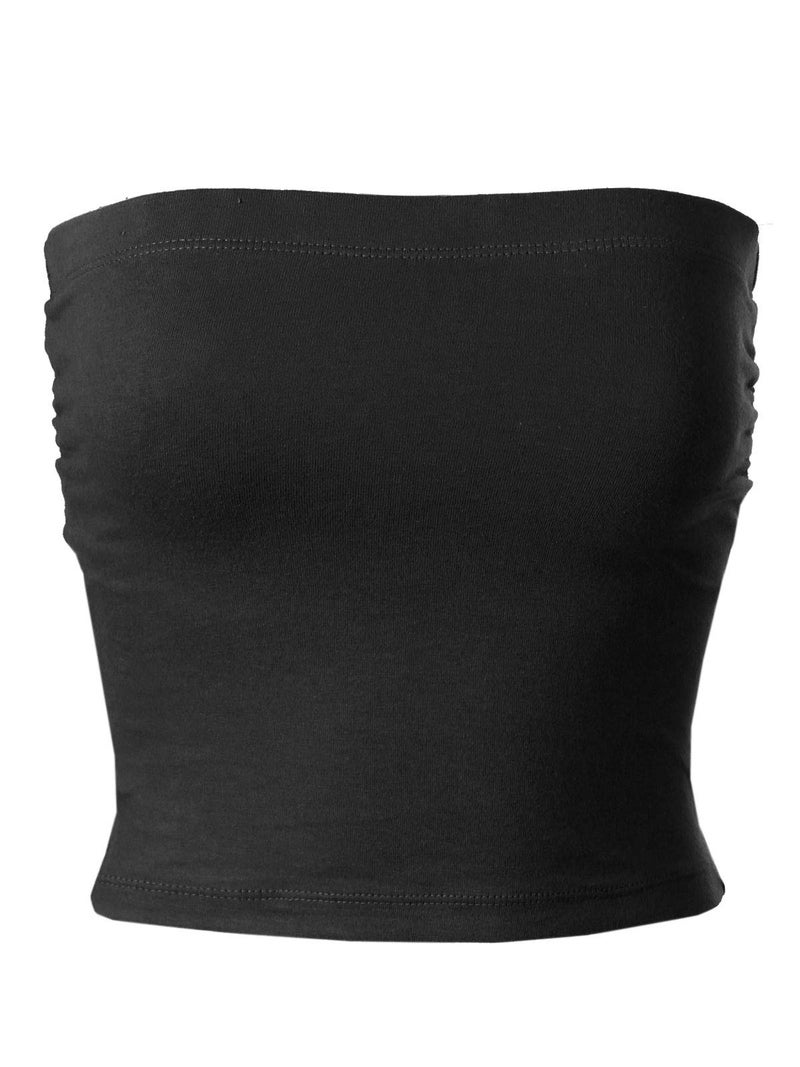 MixMatchy Women's Solid Casual Summer Ruched Side Backless Double Layered Tube Top with Built in Bra Black - Image 1